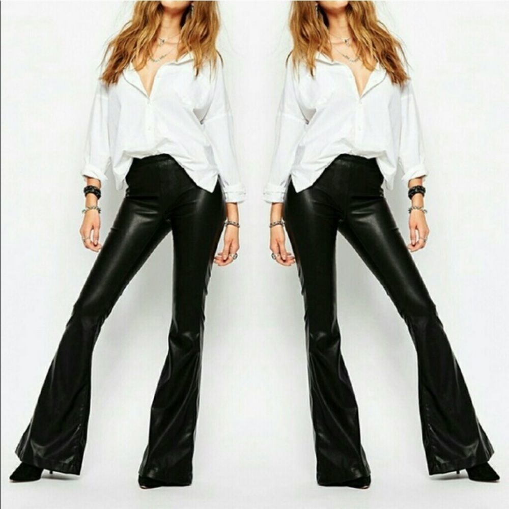 Black Vegan Leather “Backstage” Bell Bottom Flare Pants